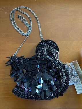 Embellished Black Swan Mini Bag with Silver Chain